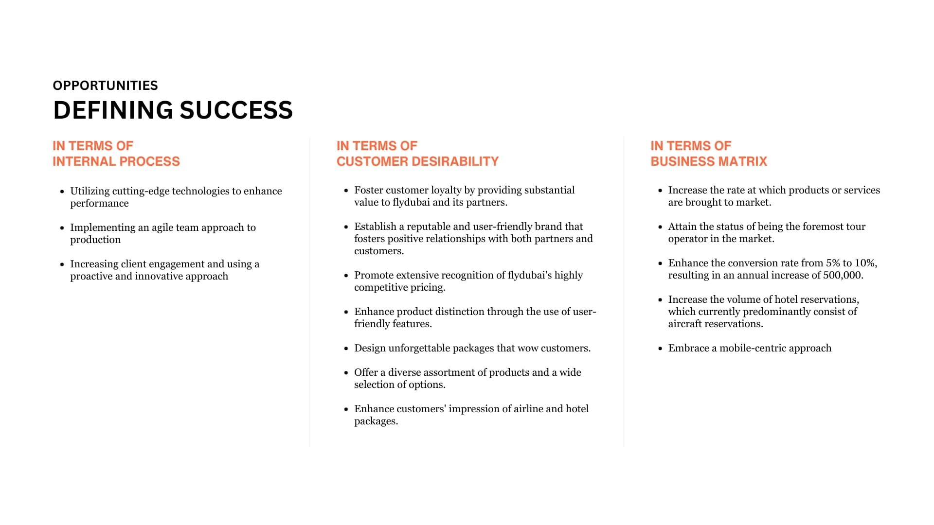 Opportunity areas and success metrics framework for FlyDubai Holidays
