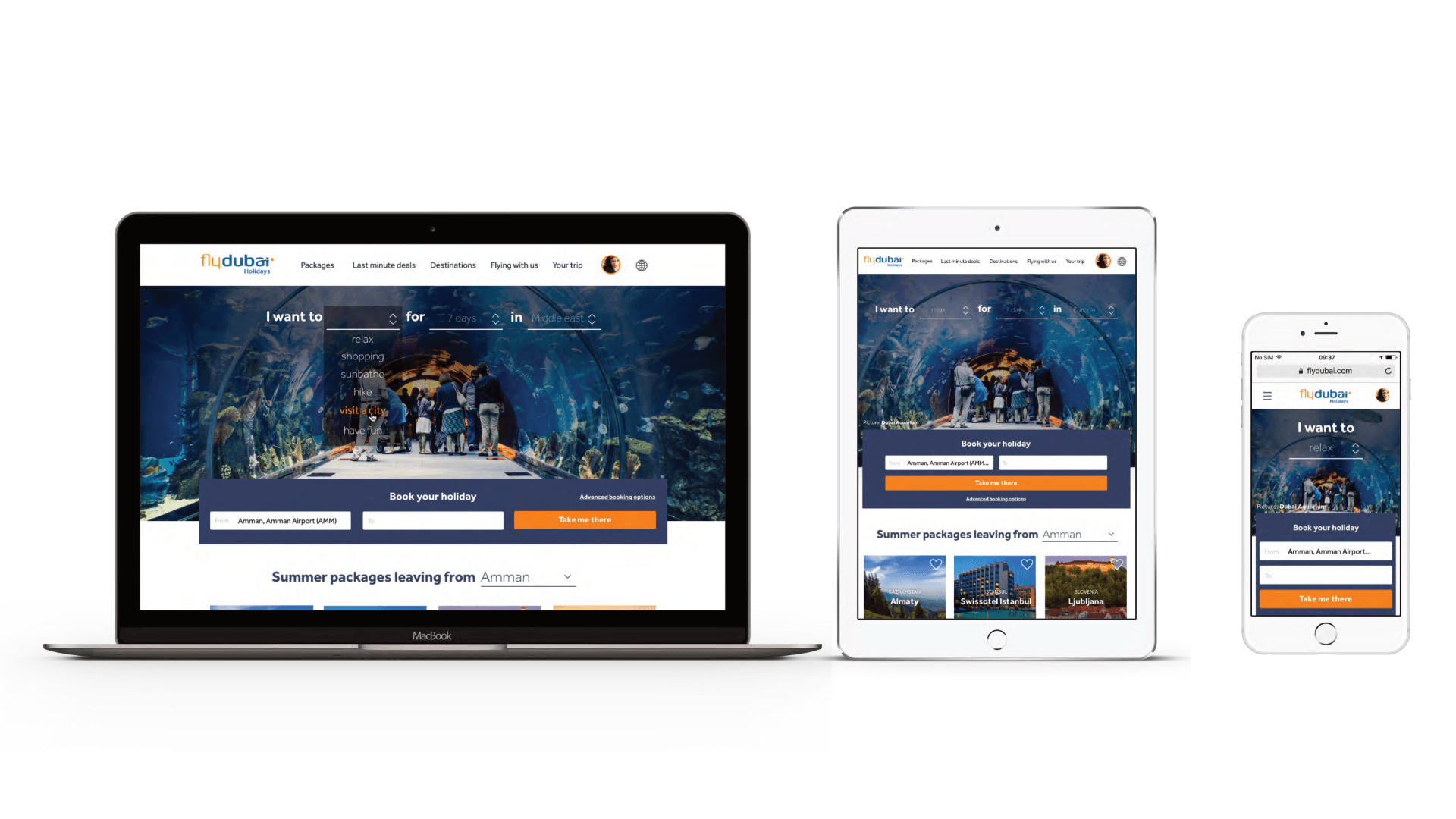 Responsive design showing desktop, tablet, and mobile breakpoints