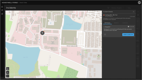 Incident Details — overlay panel with SOP details, evidence, and comments sections
