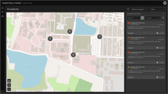 Incidents Listing — card list alongside live map, incidents highlighted with source icons