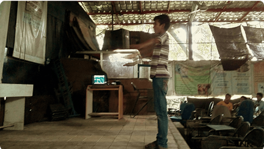 User testing session — kids gesturing to control the spaceship
