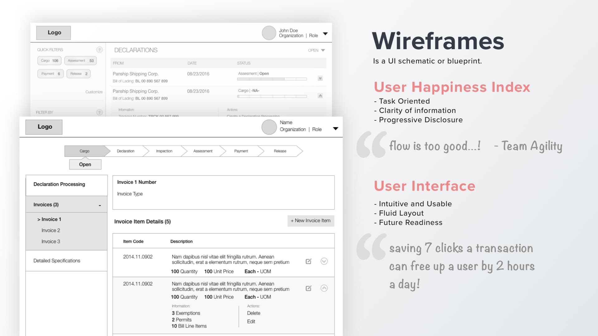 High-fidelity wireframes for the customs clearance management system